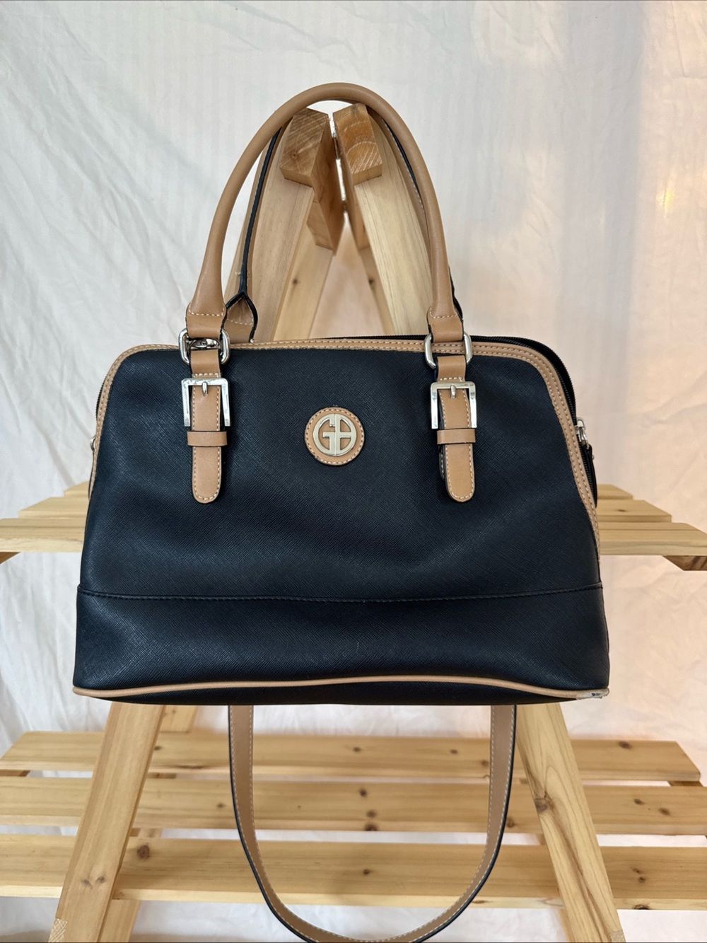 Giani Bernini Black and Tan Saffiano Satchel
